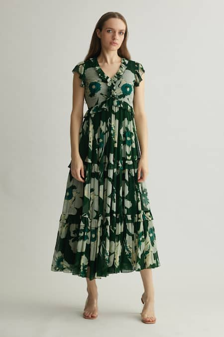 KoAi Fleur Print Ruffled Midi Dress 