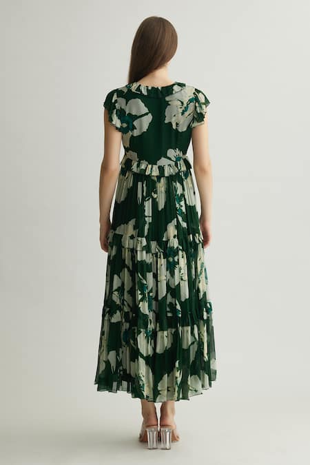 Shop Koai Green Chiffon Ruffles V-neck Fleur Print Midi Dress at Aza Fashions Shop_Koai_Green Chiffon Ruffles V-neck Fleur Print Midi Dress _at_Aza_Fashions