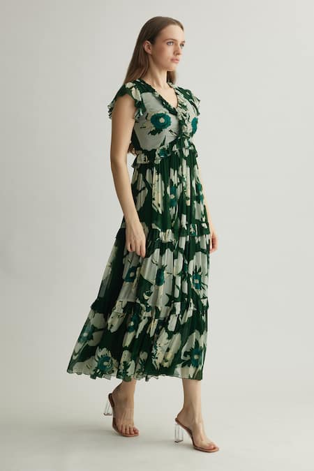 Koai Green Chiffon Ruffles V-neck Fleur Print Midi Dress Online at Aza Fashions Koai_Green Chiffon Ruffles V-neck Fleur Print Midi Dress _Online_at_Aza_Fashions