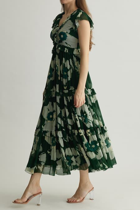Buy Koai Green Chiffon Ruffles V-neck Fleur Print Midi Dress Online at Aza Fashions Buy_Koai_Green Chiffon Ruffles V-neck Fleur Print Midi Dress _Online_at_Aza_Fashions