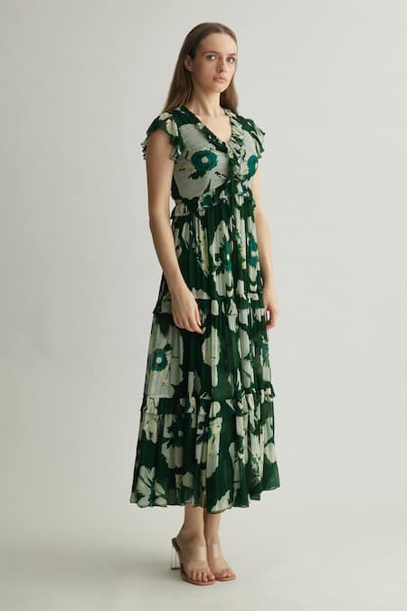 Shop Koai Green Chiffon Ruffles V-neck Fleur Print Midi Dress Online at Aza Fashions Shop_Koai_Green Chiffon Ruffles V-neck Fleur Print Midi Dress _Online_at_Aza_Fashions
