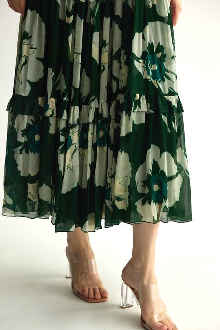 Koai Green Chiffon Ruffles V-neck Fleur Print Midi Dress at Aza Fashions Koai_Green Chiffon Ruffles V-neck Fleur Print Midi Dress _at_Aza_Fashions