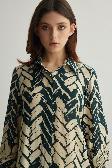 Shop_Koai_Black Muslin, Cotton, Silk Collared Chevron Print Shirt _Online_at_Aza_Fashions