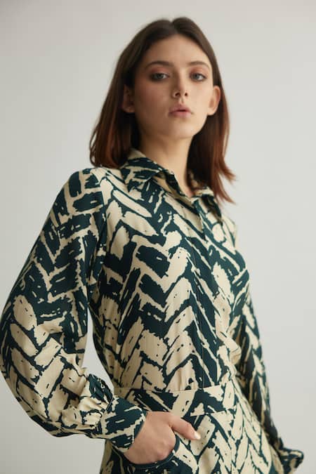 Koai_Black Muslin, Cotton, Silk Collared Chevron Print Shirt _at_Aza_Fashions