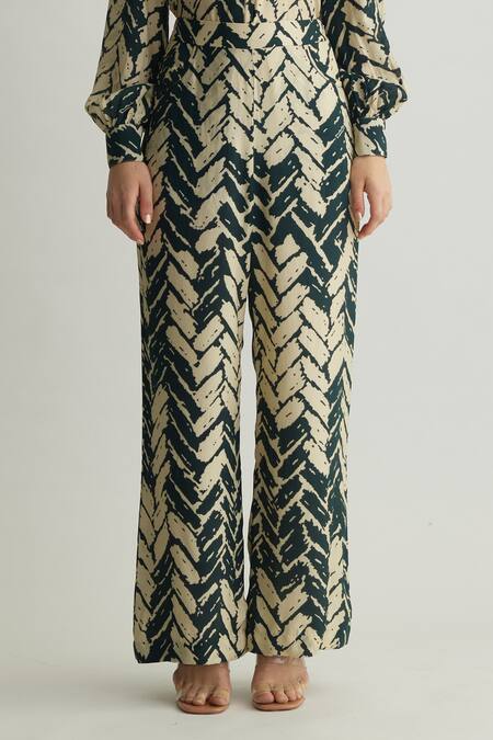 Shop_Koai_Black Muslin Cotton Silk Printed Chevron Straight Pant _Online_at_Aza_Fashions
