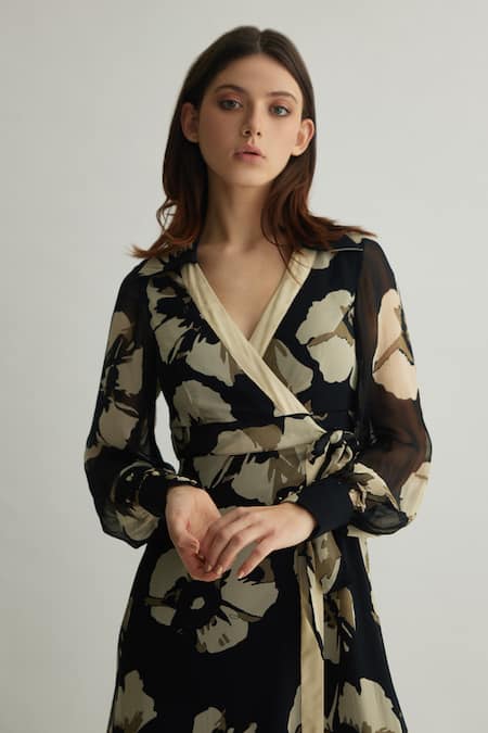 Koai_Black Georgette V-neck Floral Printed Tie-up Maxi Dress _Online_at_Aza_Fashions