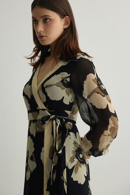 Shop_Koai_Black Georgette V-neck Floral Printed Tie-up Maxi Dress _Online_at_Aza_Fashions