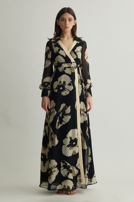 Koai_Black Georgette V-neck Floral Printed Tie-up Maxi Dress _at_Aza_Fashions