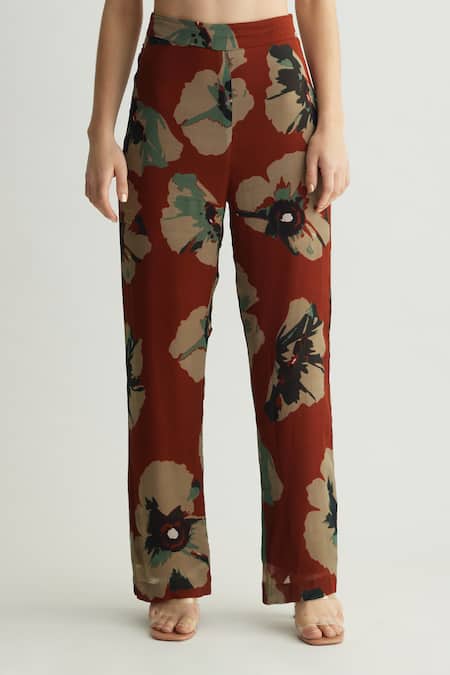 Koai_Beige Chiffon Floral Print Straight Pant _Online_at_Aza_Fashions