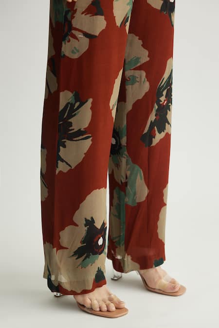 Buy_Koai_Beige Chiffon Floral Print Straight Pant _Online_at_Aza_Fashions