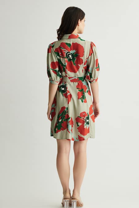 Shop_Koai_Green Muslin, Cotton, Silk Collared Mint And Red Floral Shirt Dress _at_Aza_Fashions