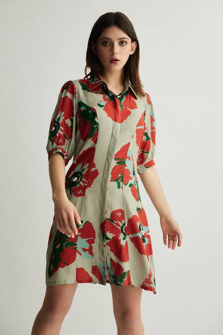 Koai_Green Muslin, Cotton, Silk Collared Mint And Red Floral Shirt Dress _Online_at_Aza_Fashions