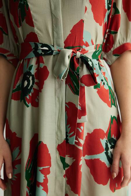 Buy_Koai_Green Muslin, Cotton, Silk Collared Mint And Red Floral Shirt Dress _Online_at_Aza_Fashions