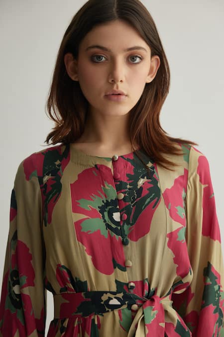 Koai_Beige Muslin, Cotton, Silk Round Neck Floral Pattern Short Dress _Online_at_Aza_Fashions