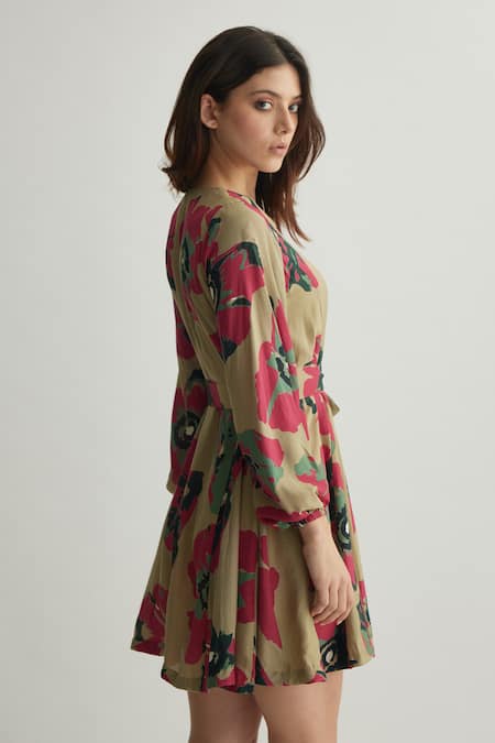 Buy_Koai_Beige Muslin, Cotton, Silk Round Neck Floral Pattern Short Dress _Online_at_Aza_Fashions