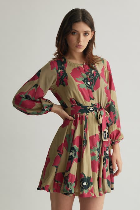 Shop_Koai_Beige Muslin, Cotton, Silk Round Neck Floral Pattern Short Dress _Online_at_Aza_Fashions
