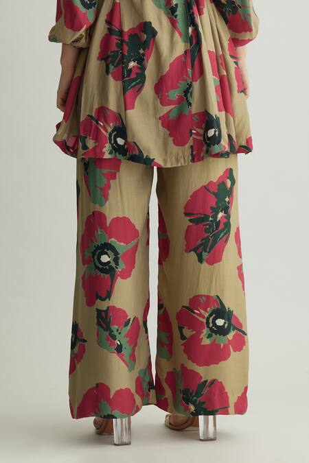 Shop_Koai_Beige Muslin Cotton Silk Round Floral Pattern Pant _at_Aza_Fashions