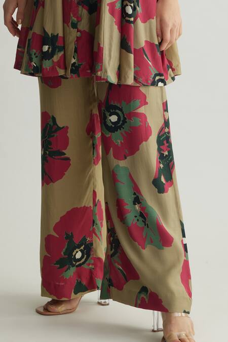 Koai_Beige Muslin Cotton Silk Round Floral Pattern Pant _Online_at_Aza_Fashions