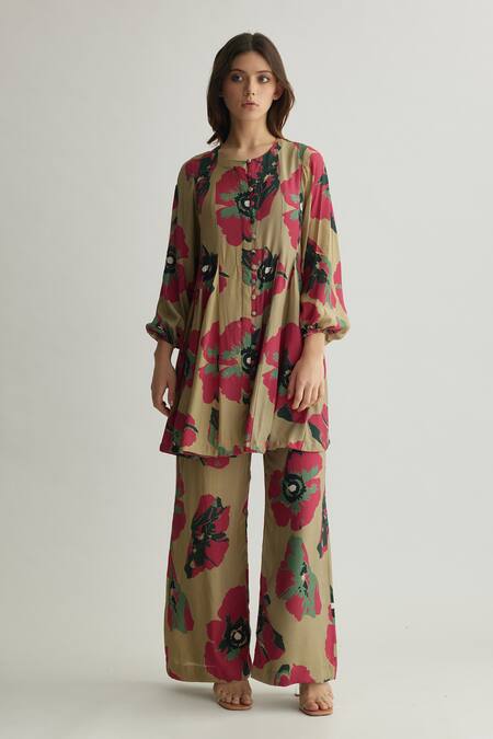 Buy_Koai_Beige Muslin Cotton Silk Round Floral Pattern Pant _Online_at_Aza_Fashions
