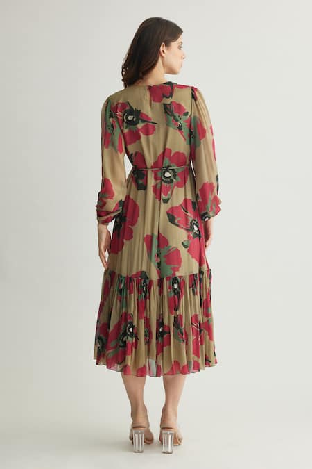 Shop_Koai_Beige Chiffon Round Neck Tiered Floral Midi Dress _at_Aza_Fashions