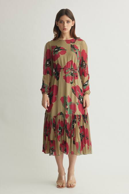 Koai_Beige Chiffon Round Neck Tiered Floral Midi Dress _Online_at_Aza_Fashions