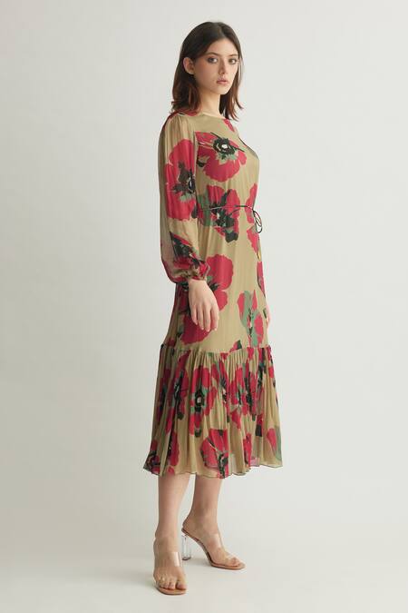 Buy_Koai_Beige Chiffon Round Neck Tiered Floral Midi Dress _Online_at_Aza_Fashions