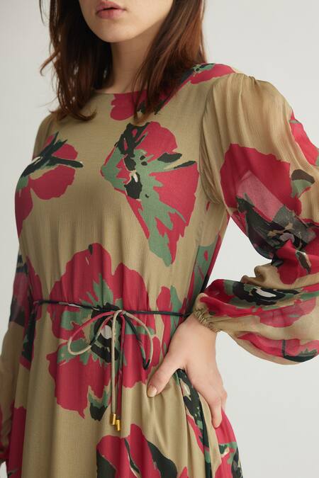 Shop_Koai_Beige Chiffon Round Neck Tiered Floral Midi Dress _Online_at_Aza_Fashions