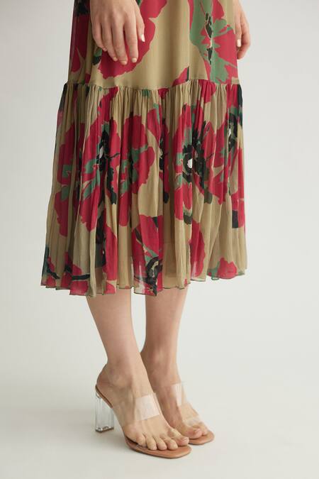 Koai_Beige Chiffon Round Neck Tiered Floral Midi Dress _at_Aza_Fashions