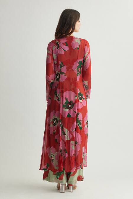 Shop_Koai_Orange Chiffon V Neck Floral Tie-up Cape _at_Aza_Fashions