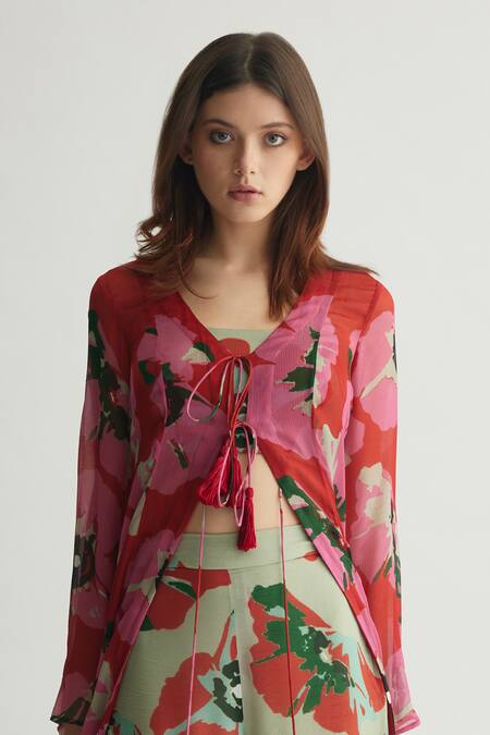 Koai_Orange Chiffon V Neck Floral Tie-up Cape _Online_at_Aza_Fashions