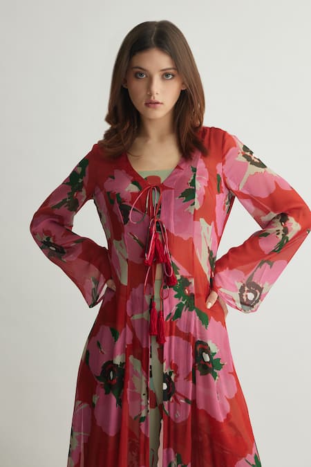 Buy_Koai_Orange Chiffon V Neck Floral Tie-up Cape _Online_at_Aza_Fashions