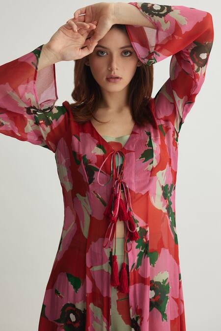 Shop_Koai_Orange Chiffon V Neck Floral Tie-up Cape _Online_at_Aza_Fashions