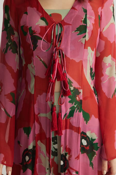 Koai_Orange Chiffon V Neck Floral Tie-up Cape _at_Aza_Fashions