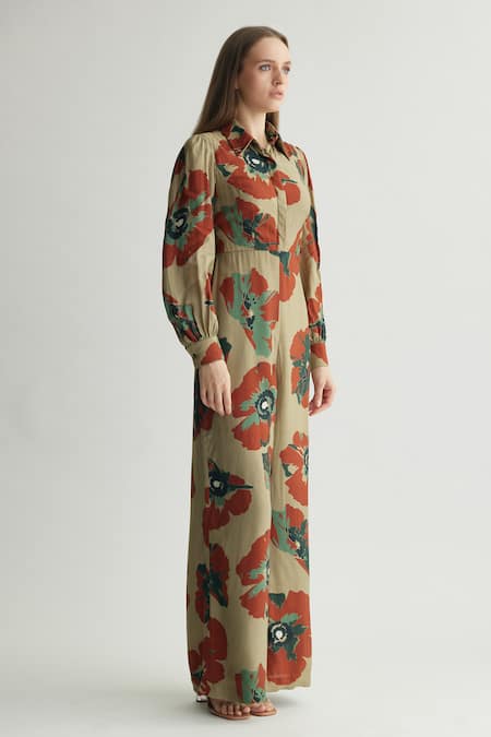 Koai Beige Muslin, Cotton, Silk Collared Floral Jumpsuit Online at Aza Fashions Koai_Beige Muslin, Cotton, Silk Collared Floral Jumpsuit _Online_at_Aza_Fashions