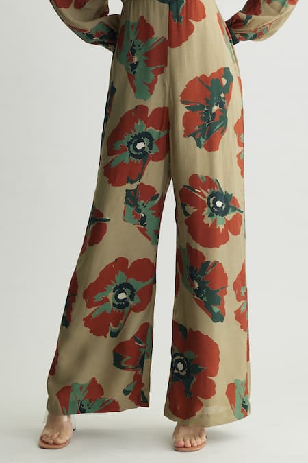 Buy Koai Beige Muslin, Cotton, Silk Collared Floral Jumpsuit Online at Aza Fashions Buy_Koai_Beige Muslin, Cotton, Silk Collared Floral Jumpsuit _Online_at_Aza_Fashions