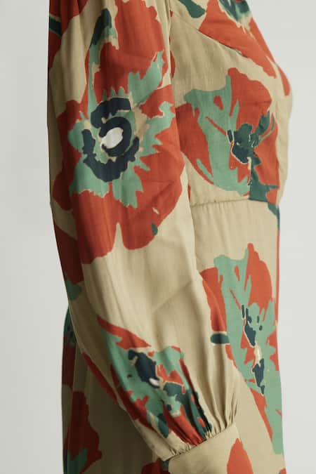 Shop Koai Beige Muslin, Cotton, Silk Collared Floral Jumpsuit Online at Aza Fashions Shop_Koai_Beige Muslin, Cotton, Silk Collared Floral Jumpsuit _Online_at_Aza_Fashions