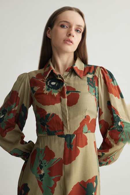 Buy Koai Beige Muslin, Cotton, Silk Collared Floral Jumpsuit Buy_Koai_Beige Muslin, Cotton, Silk Collared Floral Jumpsuit