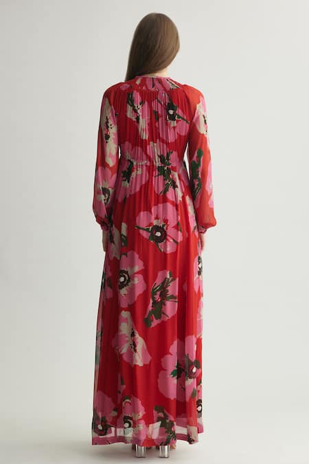 Shop Koai Red Chiffon Round Neck Floral Kaftan Maxi Dress at Aza Fashions Shop_Koai_Red Chiffon Round Neck Floral Kaftan Maxi Dress _at_Aza_Fashions
