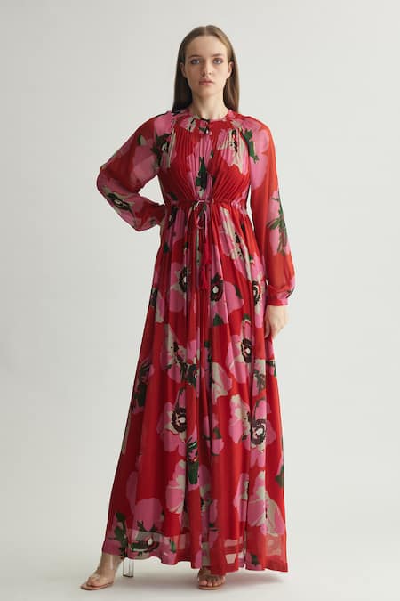 Shop Koai Red Chiffon Round Neck Floral Kaftan Maxi Dress Online at Aza Fashions Shop_Koai_Red Chiffon Round Neck Floral Kaftan Maxi Dress _Online_at_Aza_Fashions