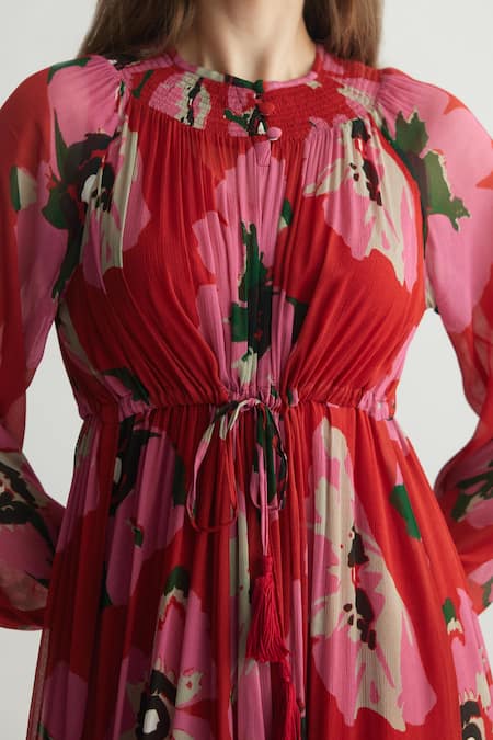 Koai Red Chiffon Round Neck Floral Kaftan Maxi Dress at Aza Fashions Koai_Red Chiffon Round Neck Floral Kaftan Maxi Dress _at_Aza_Fashions