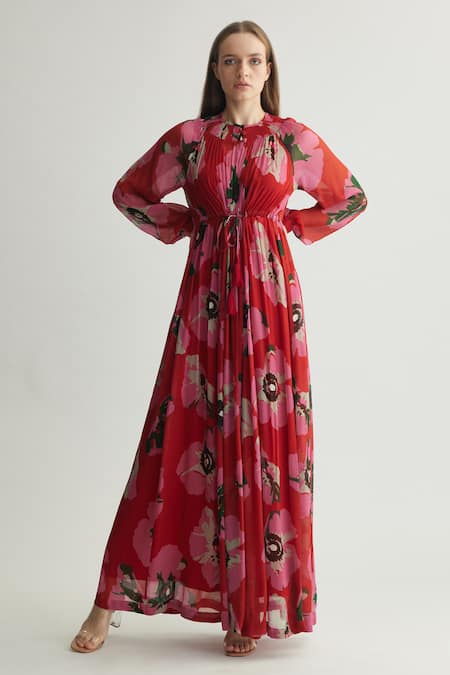 Buy Koai Red Chiffon Round Neck Floral Kaftan Maxi Dress Buy_Koai_Red Chiffon Round Neck Floral Kaftan Maxi Dress