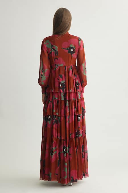 Shop Koai Red Chiffon High Neck Floral Maxi Dress With Tie-up Neckline at Aza Fashions Shop_Koai_Red Chiffon High Neck Floral Maxi Dress With Tie-up Neckline _at_Aza_Fashions