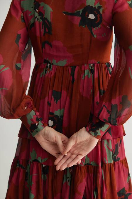 Koai Red Chiffon High Neck Floral Maxi Dress With Tie-up Neckline Online at Aza Fashions Koai_Red Chiffon High Neck Floral Maxi Dress With Tie-up Neckline _Online_at_Aza_Fashions