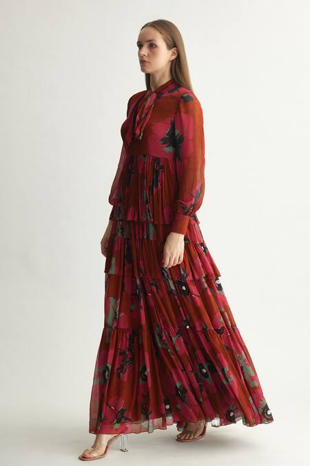 Buy Koai Red Chiffon High Neck Floral Maxi Dress With Tie-up Neckline Online at Aza Fashions Buy_Koai_Red Chiffon High Neck Floral Maxi Dress With Tie-up Neckline _Online_at_Aza_Fashions