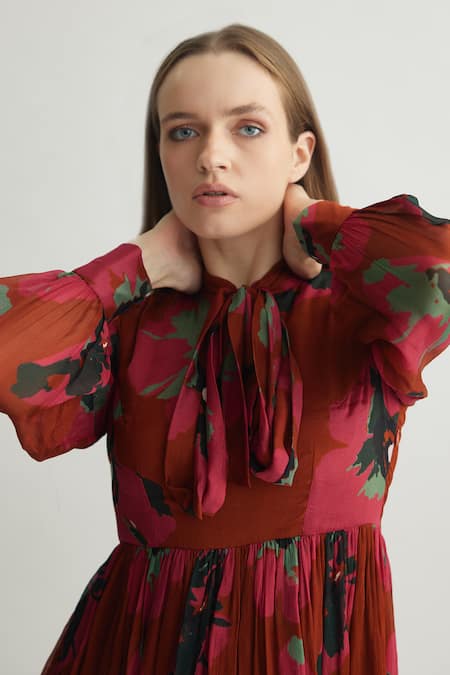 Shop Koai Red Chiffon High Neck Floral Maxi Dress With Tie-up Neckline Online at Aza Fashions Shop_Koai_Red Chiffon High Neck Floral Maxi Dress With Tie-up Neckline _Online_at_Aza_Fashions