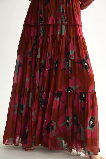 Koai Red Chiffon High Neck Floral Maxi Dress With Tie-up Neckline at Aza Fashions Koai_Red Chiffon High Neck Floral Maxi Dress With Tie-up Neckline _at_Aza_Fashions