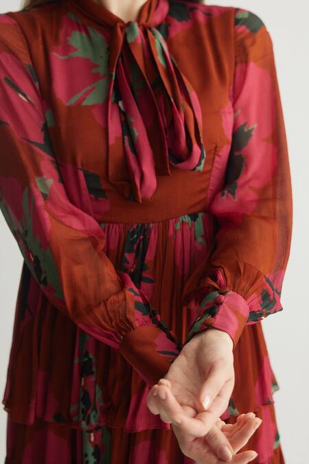 Buy Koai Red Chiffon High Neck Floral Maxi Dress With Tie-up Neckline Buy_Koai_Red Chiffon High Neck Floral Maxi Dress With Tie-up Neckline