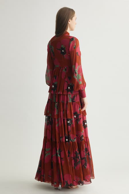 Shop Koai Red Chiffon High Neck Floral Maxi Dress With Tie-up Neckline Shop_Koai_Red Chiffon High Neck Floral Maxi Dress With Tie-up Neckline