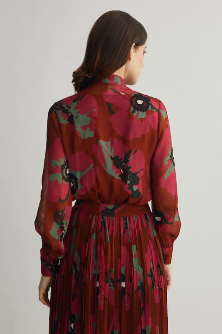 Shop_Koai_Red Chiffon Floral Pattern High Round Frilled Top _at_Aza_Fashions