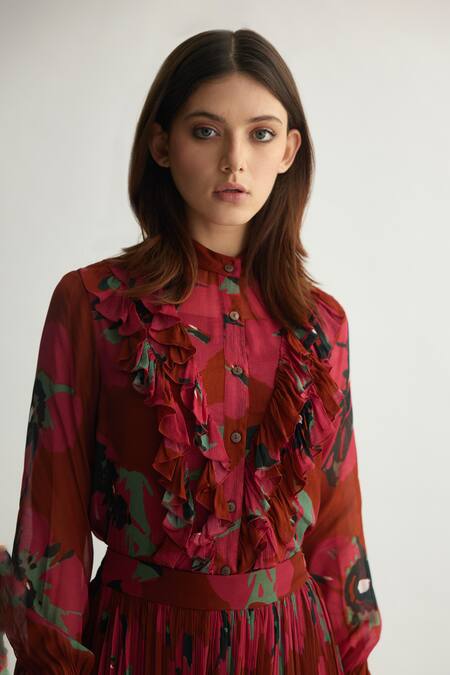 Koai_Red Chiffon Floral Pattern High Round Frilled Top _Online_at_Aza_Fashions